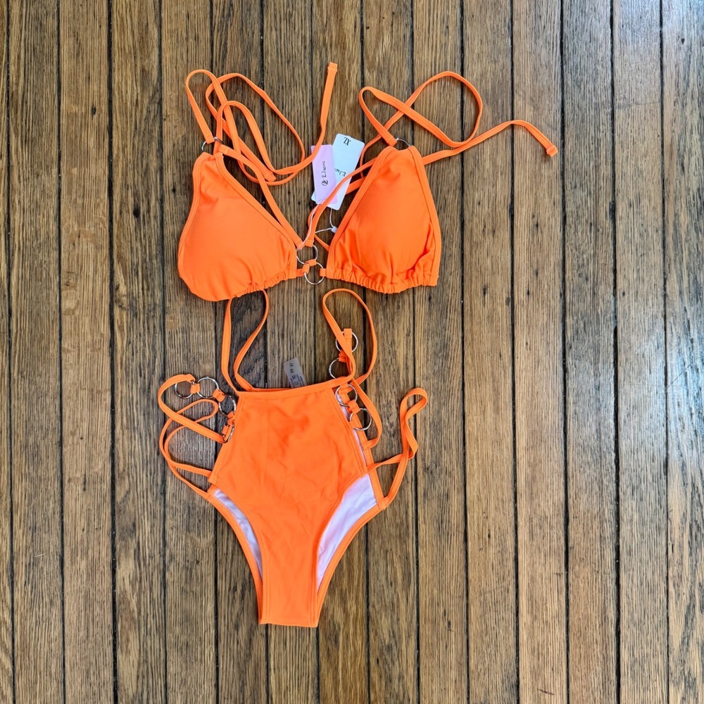 EJsoyo Orange Bikini Set‎ Ring Detail Strappy High Cut Swimsuit XL